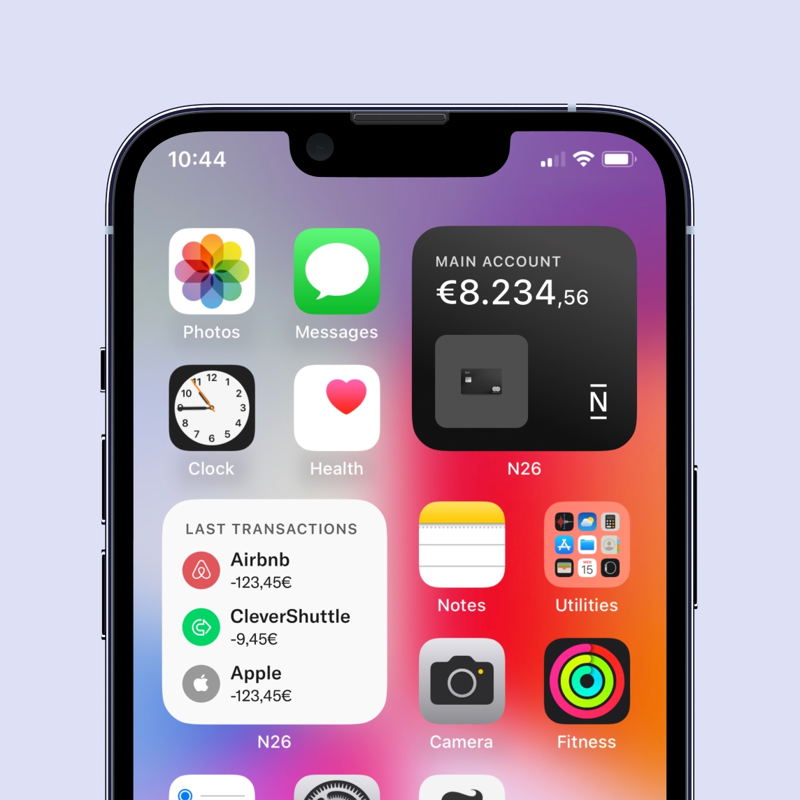 iOS N26 Bank widget displaying last transactions and shortcuts